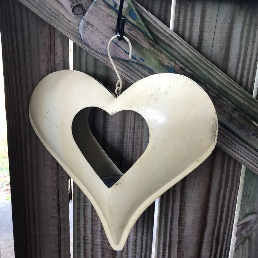 Hollow Metal Heart Hanging Tea Light Garden or Patio Lantern Butter Cream Color